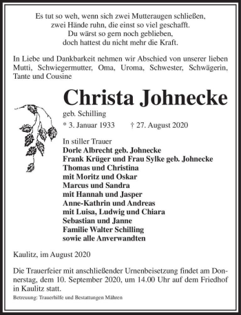 Traueranzeige von Christa Johnecke (geb. Schilling)  von Magdeburger Volksstimme