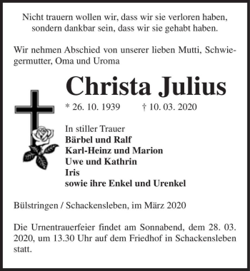 Traueranzeige von Christa Julius  von Magdeburger Volksstimme