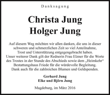 Traueranzeige von Christa Jung und Holger Jung  von Magdeburger Volksstimme