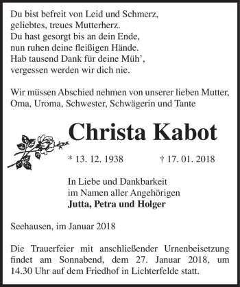 Traueranzeige von Christa Kabot  von Magdeburger Volksstimme