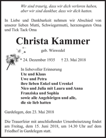 Traueranzeige von Christa Kammer (geb. Wiswedel)  von Magdeburger Volksstimme