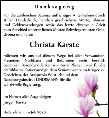Traueranzeige von Christa Karste  von Magdeburger Volksstimme