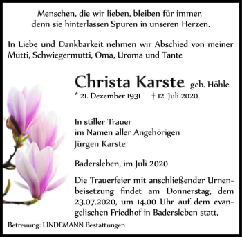 Traueranzeige von Christa Karste (geb. Höhle)  von Magdeburger Volksstimme