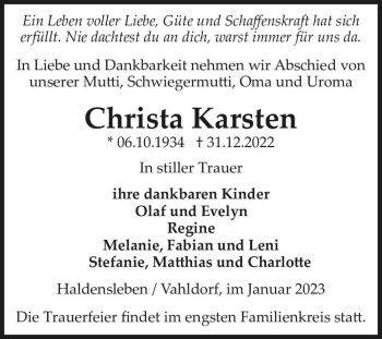 Traueranzeige von Christa Karsten  von Magdeburger Volksstimme