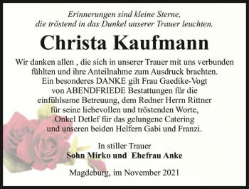 Traueranzeige von Christa Kaufmann  von Magdeburger Volksstimme