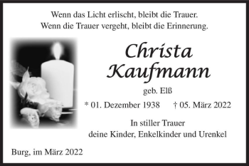Traueranzeige von Christa Kaufmann (geb. Elß)  von Magdeburger Volksstimme