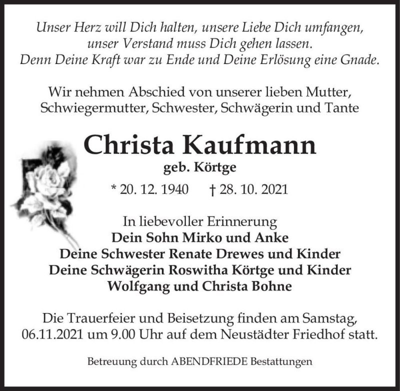  Traueranzeige für Christa Kaufmann (geb. Körtge)  vom 30.10.2021 aus Magdeburger Volksstimme