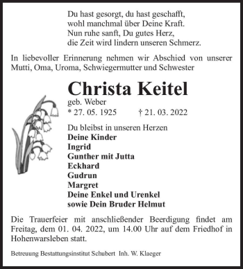 Traueranzeige von Christa Keitel (geb. Weber)  von Magdeburger Volksstimme