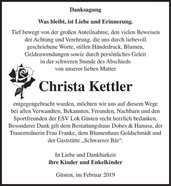 Traueranzeige von Christa Kettler  von Magdeburger Volksstimme