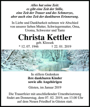 Traueranzeige von Christa Kettler (geb. Klossek)  von Magdeburger Volksstimme