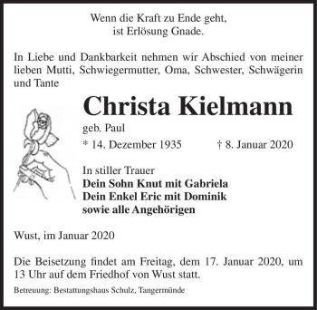 Traueranzeige von Christa Kielmann (geb. Paul)  von Magdeburger Volksstimme