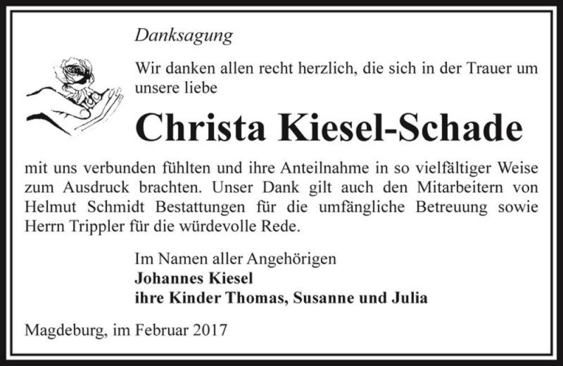  Traueranzeige für Christa Kiesel-Schade  vom 25.02.2017 aus Magdeburger Volksstimme