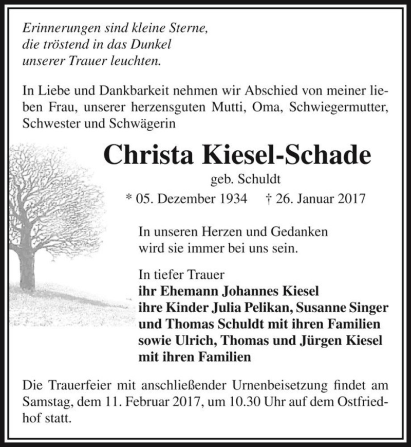  Traueranzeige für Christa Kiesel-Schade (geb. Schuldt)  vom 28.01.2017 aus Magdeburger Volksstimme