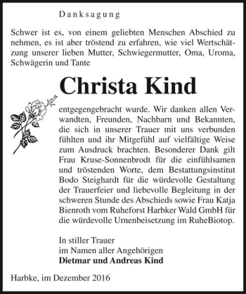 Traueranzeige von Christa Kind  von Magdeburger Volksstimme