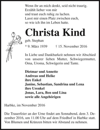 Traueranzeige von Christa Kind (geb. Stephan)  von Magdeburger Volksstimme