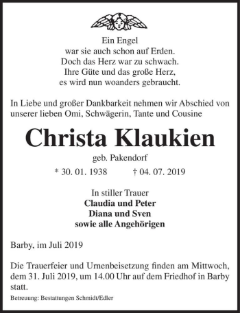 Traueranzeige von Christa Klaukien (geb. Pakendorf)  von Magdeburger Volksstimme