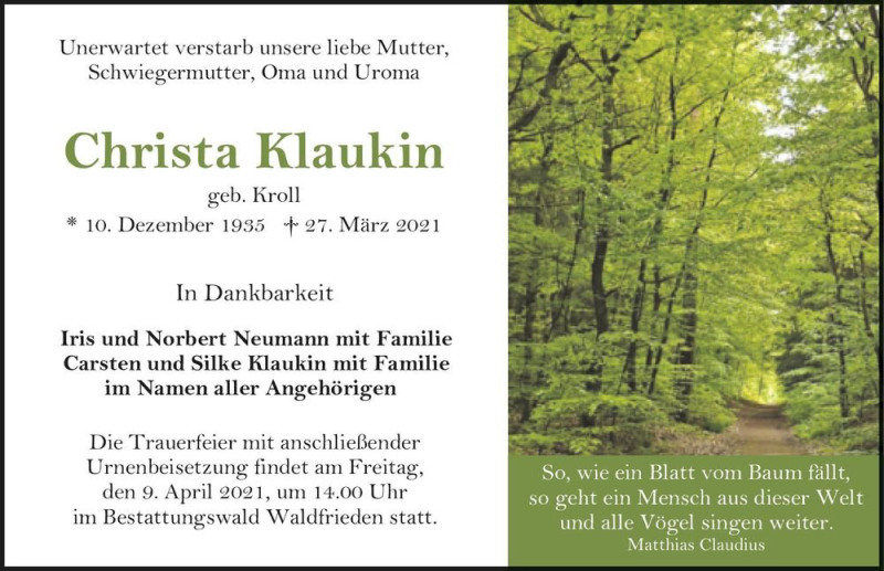  Traueranzeige für Christa Klaukin (geb. Kroll)  vom 03.04.2021 aus Magdeburger Volksstimme