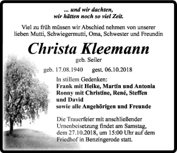 Traueranzeige von Christa Kleemann (geb. Seiler)  von Magdeburger Volksstimme