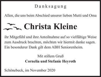 Traueranzeige von Christa Kleine  von Magdeburger Volksstimme