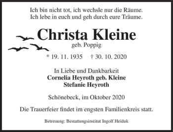 Traueranzeige von Christa Kleine (geb. Poppig)  von Magdeburger Volksstimme