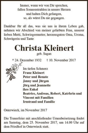 Traueranzeige von Christa Kleinert (geb. Sagan)  von Magdeburger Volksstimme
