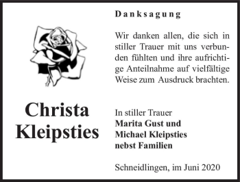 Traueranzeige von Christa Kleipsties  von Magdeburger Volksstimme