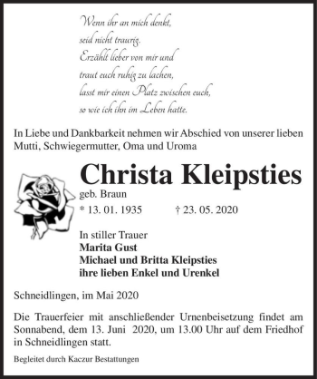 Traueranzeige von Christa Kleipsties (geb. Braun)  von Magdeburger Volksstimme