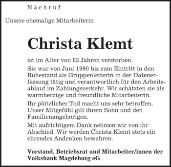 Traueranzeige von Christa Klemt  von Magdeburger Volksstimme