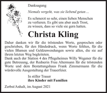 Traueranzeige von Christa Kling  von Magdeburger Volksstimme