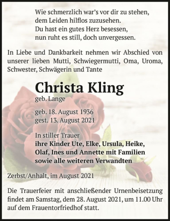Traueranzeige von Christa Kling (geb. Lange)  von Magdeburger Volksstimme