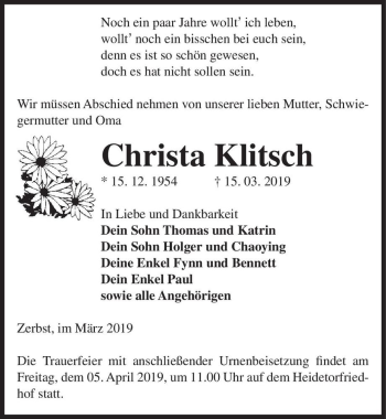 Traueranzeige von Christa Klitsch  von Magdeburger Volksstimme