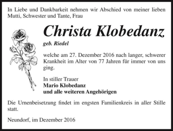Traueranzeige von Christa Klobedanz (geb. Riedel)  von Magdeburger Volksstimme