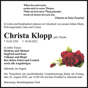 Traueranzeige von Christa Klopp (geb. Fäsche)  von Magdeburger Volksstimme