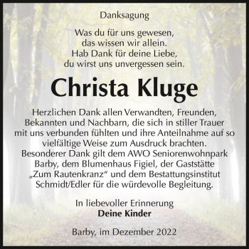 Traueranzeige von Christa Kluge  von Magdeburger Volksstimme