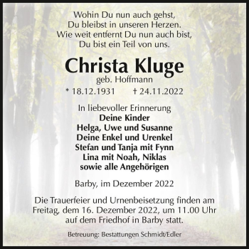 Traueranzeige von Christa Kluge (geb. Hoffmann)  von Magdeburger Volksstimme