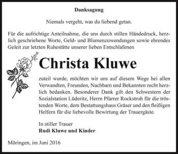 Traueranzeige von Christa Kluwe  von Magdeburger Volksstimme