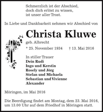 Traueranzeige von Christa Kluwe (geb. Albrecht)  von Magdeburger Volksstimme