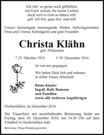 Traueranzeige von Christa Klähn (geb. Hillemann)  von Magdeburger Volksstimme