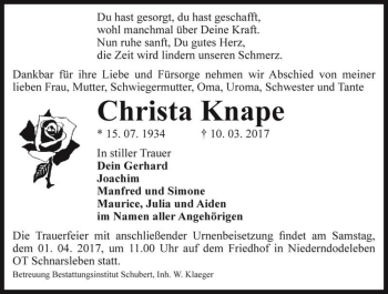 Traueranzeige von Christa Knape  von Magdeburger Volksstimme