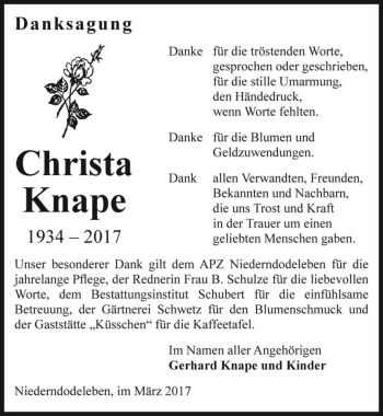 Traueranzeige von Christa Knape  von Magdeburger Volksstimme