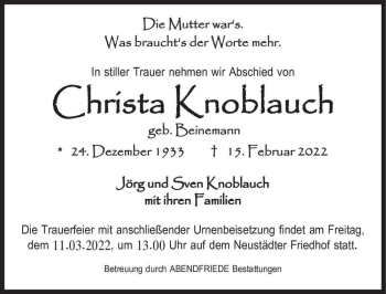 Traueranzeige von Christa Knoblauch (geb. Beinemann)  von Magdeburger Volksstimme