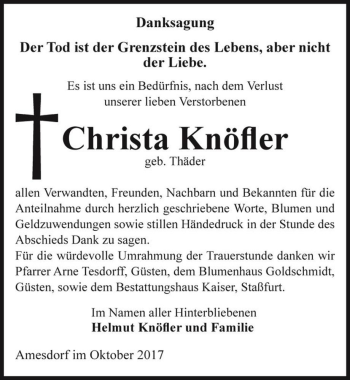 Traueranzeige von Christa Knöfler (geb. Thäde)  von Magdeburger Volksstimme