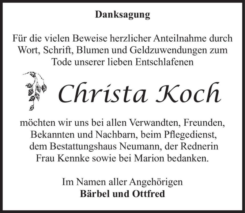  Traueranzeige für Christa Koch  vom 04.09.2021 aus Magdeburger Volksstimme