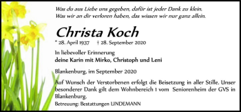 Traueranzeige von Christa Koch  von Magdeburger Volksstimme