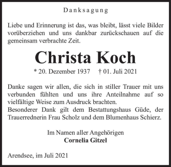 Traueranzeige von Christa Koch  von Magdeburger Volksstimme