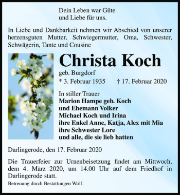 Traueranzeige von Christa Koch (geb. Burgdorf)  von Magdeburger Volksstimme