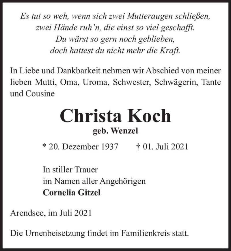  Traueranzeige für Christa Koch (geb. Wenzel)  vom 07.07.2021 aus Magdeburger Volksstimme