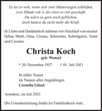 Traueranzeige von Christa Koch (geb. Wenzel)  von Magdeburger Volksstimme