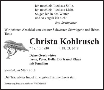 Traueranzeige von Christa Kohlrusch  von Magdeburger Volksstimme