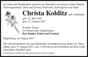 Traueranzeige von Christa Kolditz (geb. Gaßmann)  von Magdeburger Volksstimme